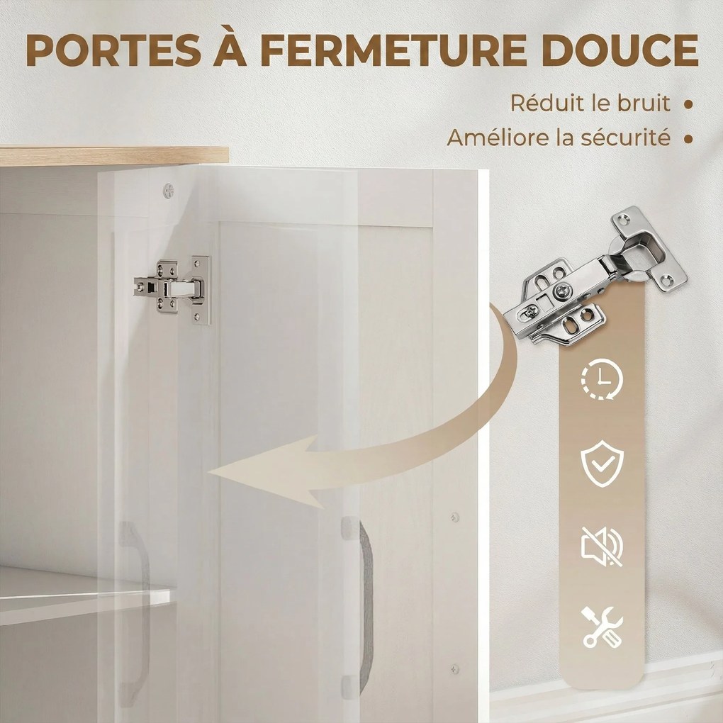Aparador de sala 110 x 35 x 80,4 cm, móvel de arrumação com 2 portas com fecho suave e 3 gavetas, , branco e madeira natural