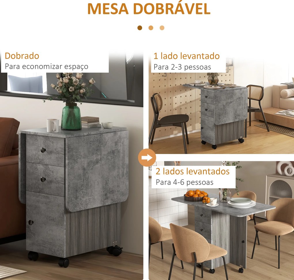 Mesa de Refeição Dobrável com Rodas 120x60x76,5 cm com 2 Gavetas e Armário Mesa Auxiliar Multifuncional Cinza
