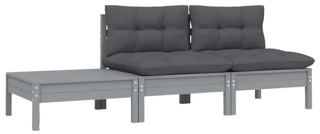 3 pcs conj. lounge jardim c/ almofadões pinho maciço cinzento