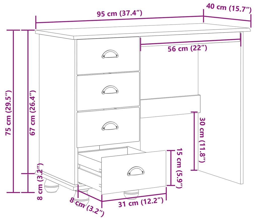 Mesa 'ASKIM'com Gavetas 95x40x75 cm Madeira Maciça de Pinus