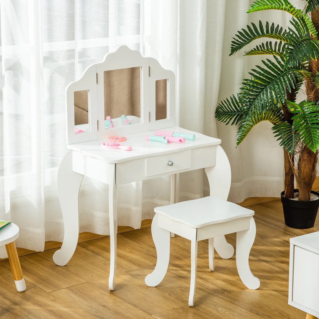 Toucador infantil com banquinho com espelho triplo e gaveta deslizante 63 x 40 x 85,5 cm - Branco acrílico