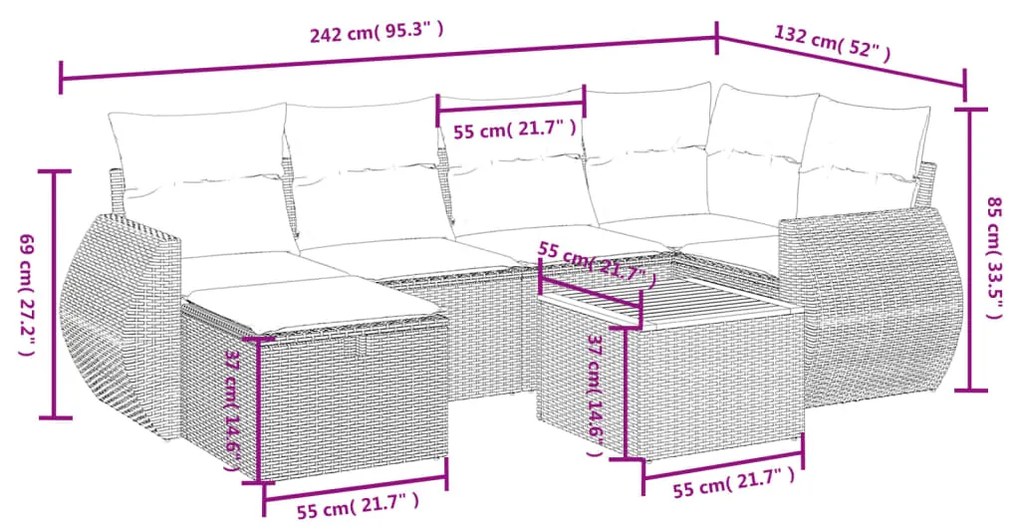 7 pcs conj. sofás jardim c/ almofadões vime PE bege misturado