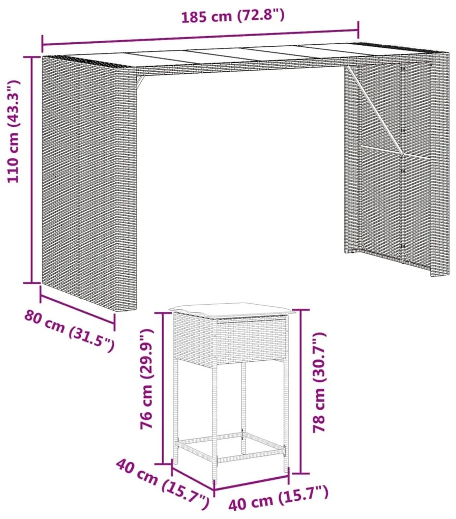 9 pcs conjunto de bar para jardim c/ almofadões vime PE preto