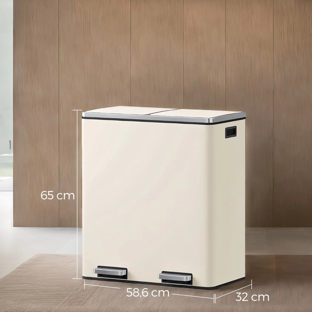 Caixote do lixo com 2 compartimentos de 60 L, 59 x 36,5 x 65,2 cm branco creme