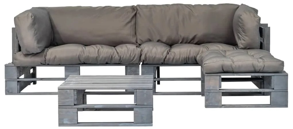 Conj. lounge de paletes 4 pcs com almofadões cinzentos madeira