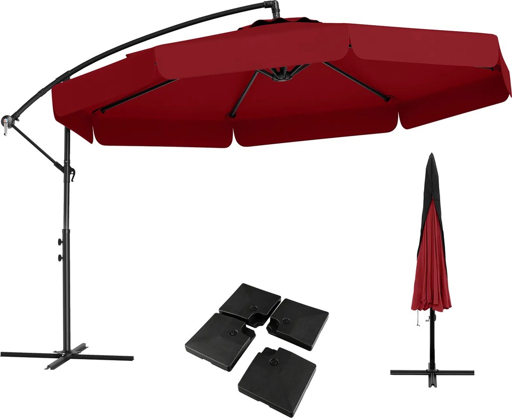 Conjunto de guarda-sol cantilever de 305 cm com inclinação de 0 a 35°, manivela, 8 varas, capa e base recheável com água/areia de 128 kg, vermelho