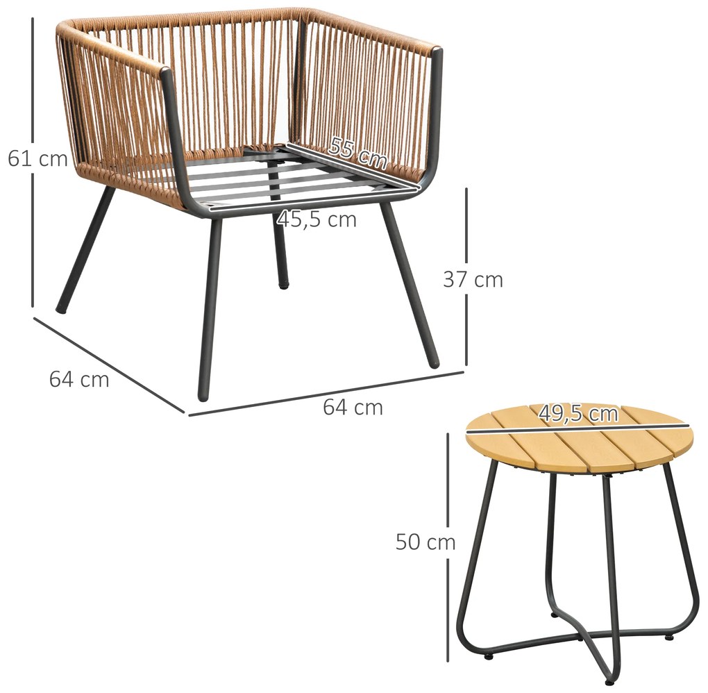 Conjunto de Móveis de Jardim de Vime 3 Peças Incluí 1 Mesa de Centro e 2 Poltronas com Almofadas Acolchoadas Teca e Cinza