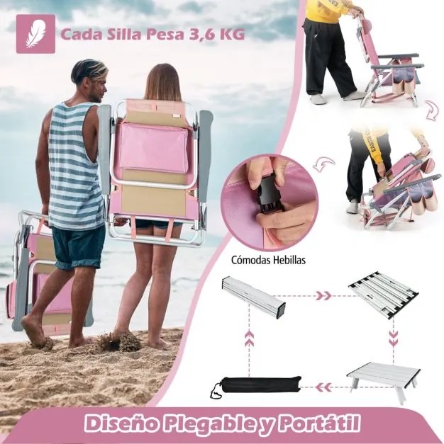 Conjunto de 2 cadeiras reclináveis de exterior com estrutura de alumínio e mesa de jardim, piscina campismo, praia dobraveis Rosa