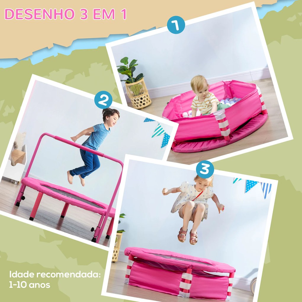 ZONEKIZ Trampolim Infantil 3 em 1 Trampolim para Crianças de 1-6 Anos com Corrimão Amovível Mini Trampolim para Interior Ø96x74cm Rosa