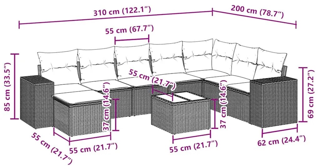 9 pcs conj. sofás jardim com almofadões vime PE cinzento-claro