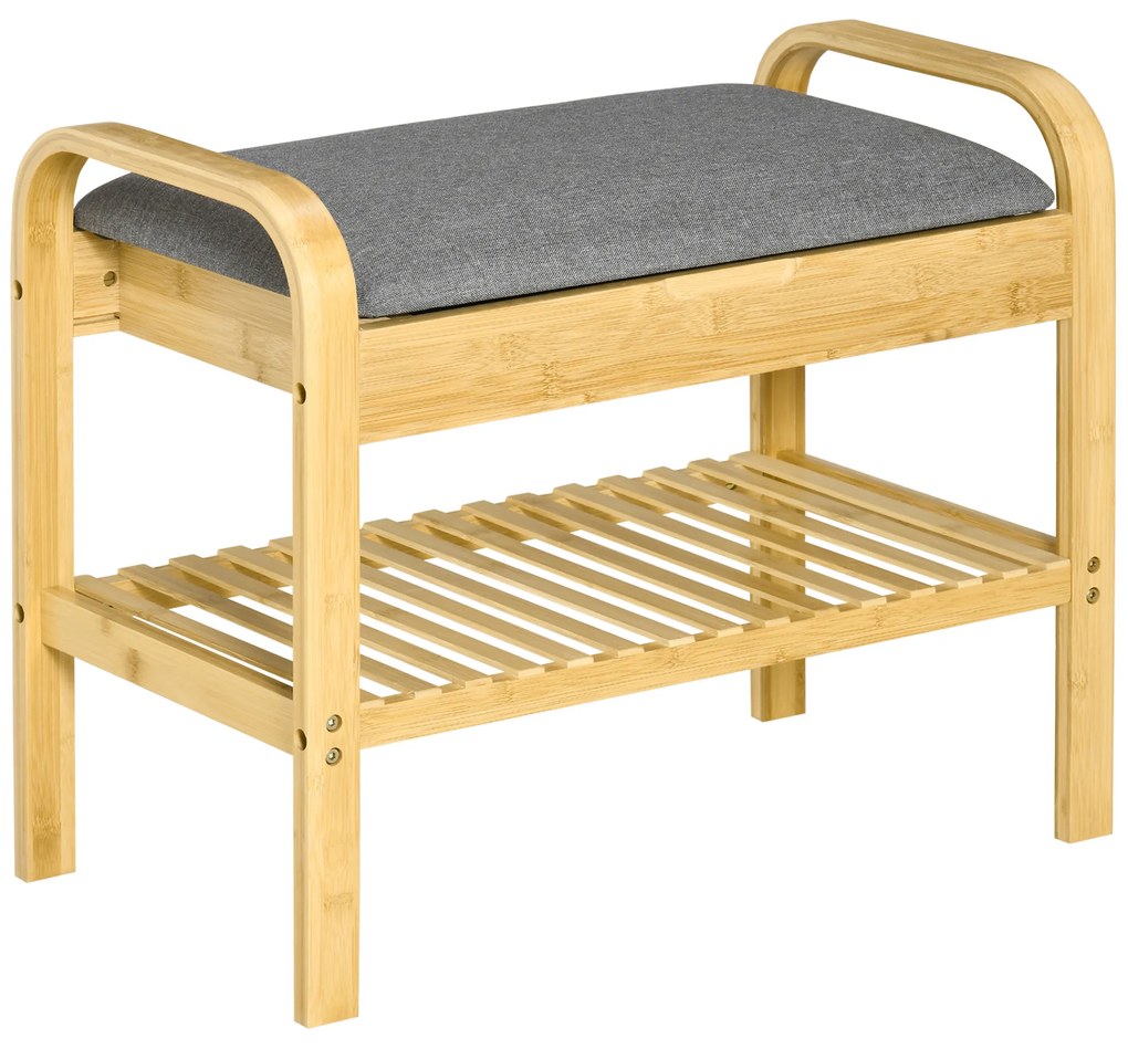 HOMCOM Banco Sapateiro de Bambú Banco para Sapatos com Prateleira Almofada Acolchoada Abatível e Espaço Oculto de Armazenamento para Entrada Corredor 60x33x50cm Natural