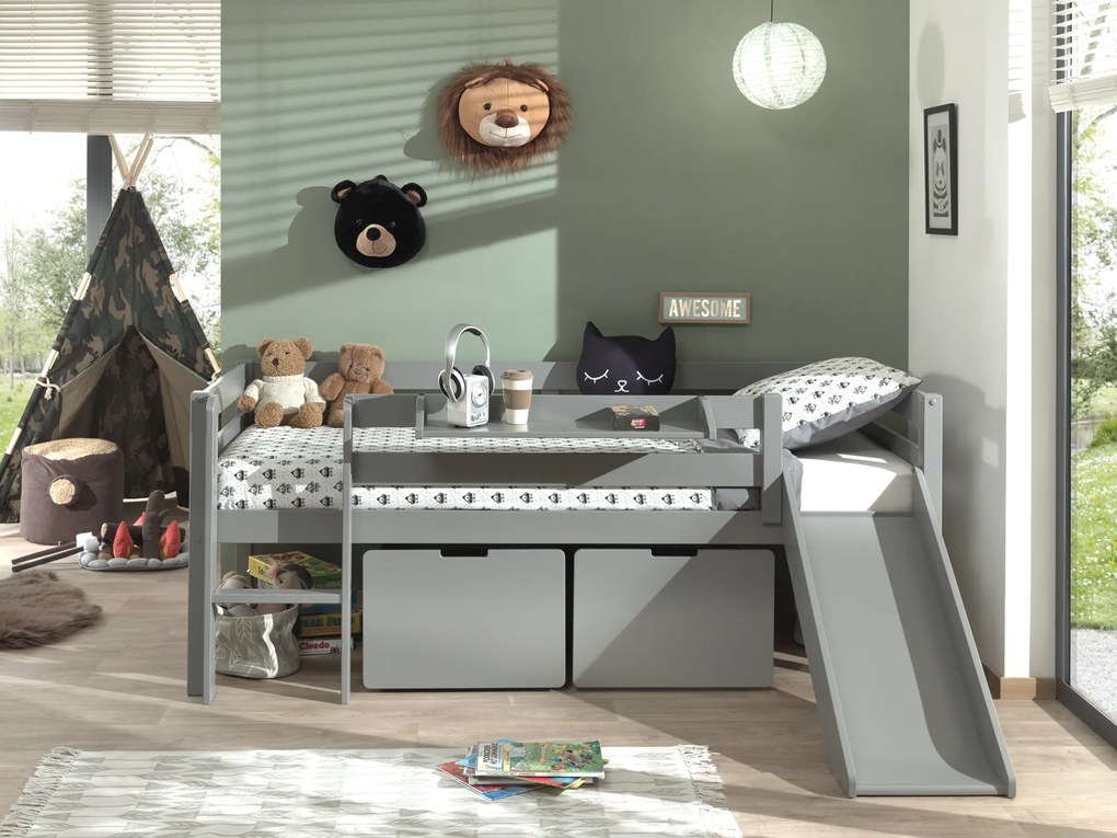 Conjunto Cama alta de Criança PINO 90 x 200 cm + estrado + escada + escorrega + conjunto de 2 gavetas e prateleira suspensa Cinzenta