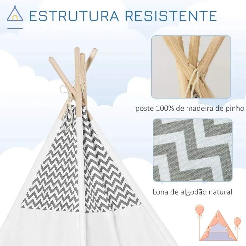 Tenda Tipi Infantil - Cinzento e Branco - Design Natura