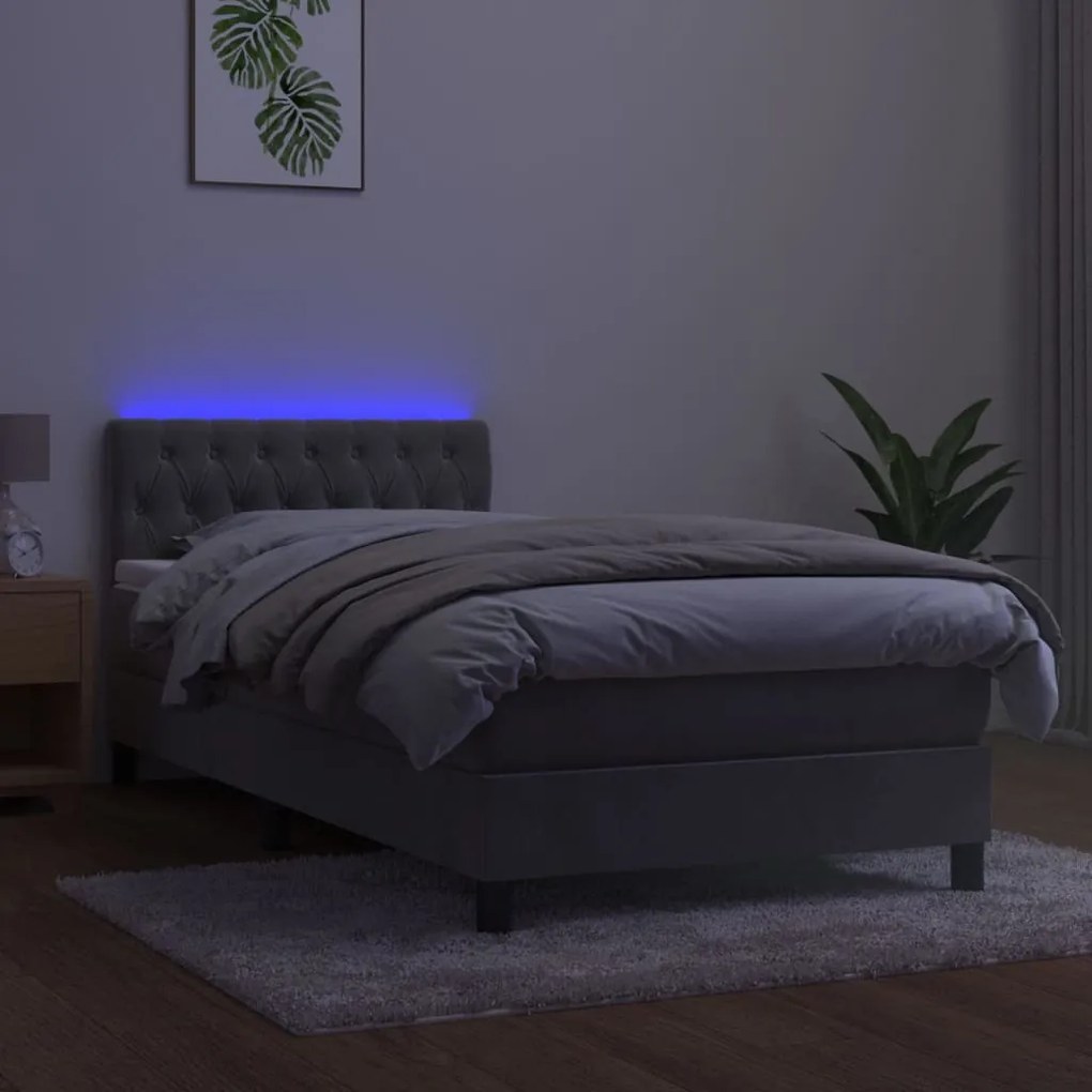 Cama box spring c/ colchão/LED 90x190 cm veludo cinzento-claro