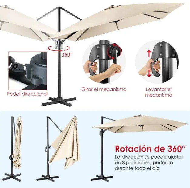 Guarda-sol 300 cm para jardim com manivela, 3 inclinações, rotação de 360°, 8 varas, base cruzada Bege
