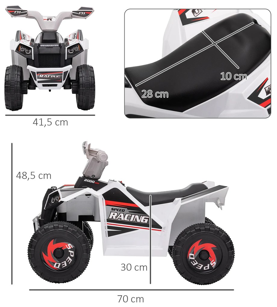 Moto 4 Elétrica para Crianças Veículo Elétrico a Bateria de 6V com Velocidade de 2,5 km/h 70x41,5x48,5 cm Branca