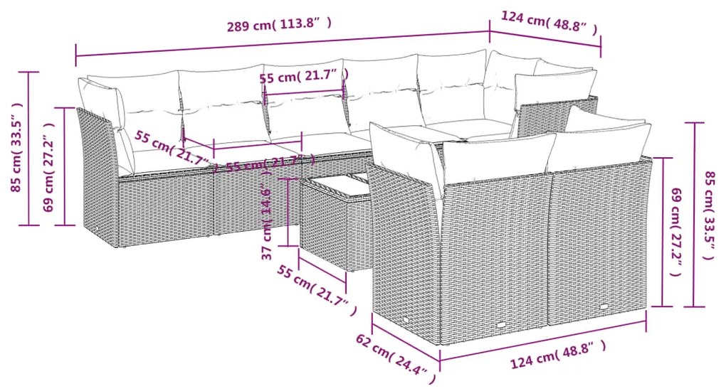 9 pcs conjunto de sofás p/ jardim com almofadões vime PE bege