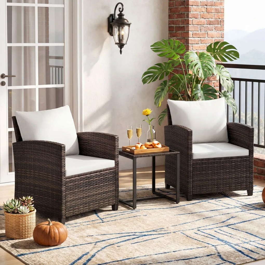 Conjunto de 3 móveis de rattan para jardim, com 2 cadeiras, mesa de vidro e almofadas pretas com capas removíveis, para jardim, terraço ou piscina Cas