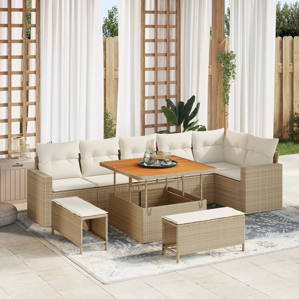 Conjunto de Sofás para o Jardim com 9 Peças e Almofadas Bege Rattan Polietileno Acácia