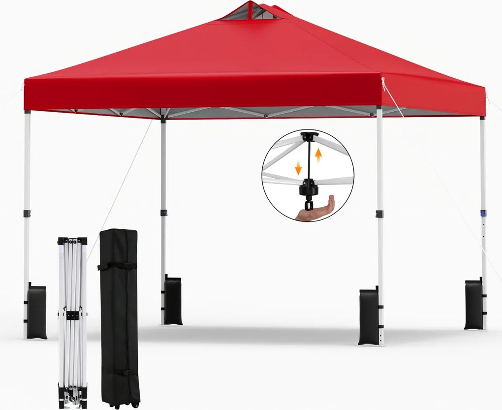 Tenda dobrável 3x3 m com 4 x Sacos de areia de montagem instantânea com 1 botão campismo, feiras, eventos e Saco com rodas Vermelha