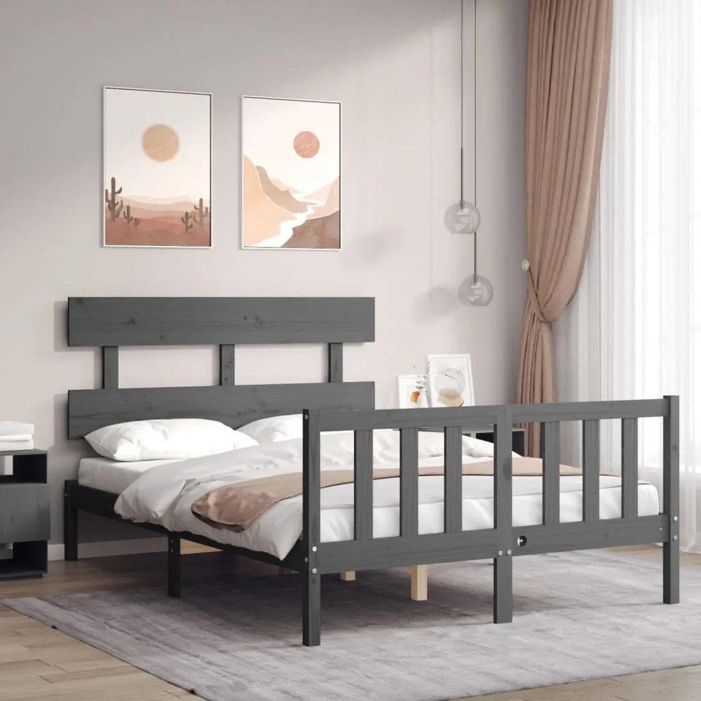 Estrutura de cama de casal c/ cabeceira madeira maciça cinzento