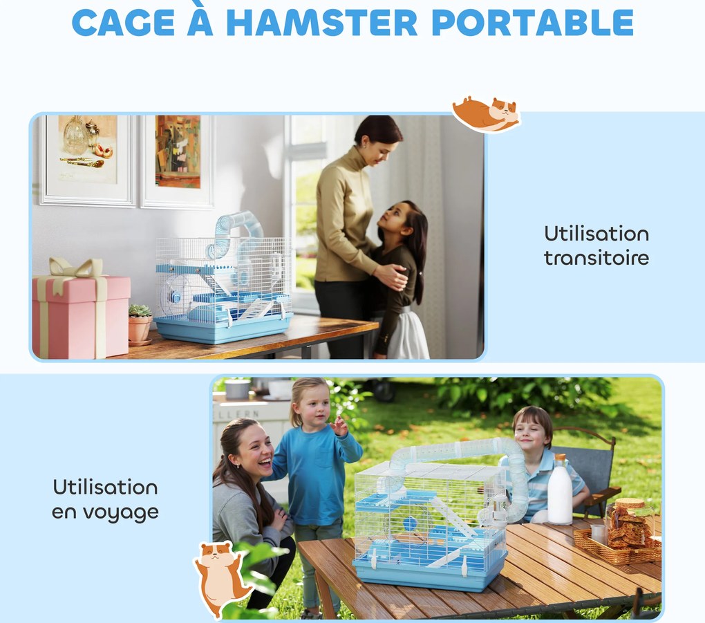 Gaiola portátil para hamster com casinha, roda de exercício, comedouro, garrafa de água, 47,5 x 31,5 x 29,5 cm, azul claro