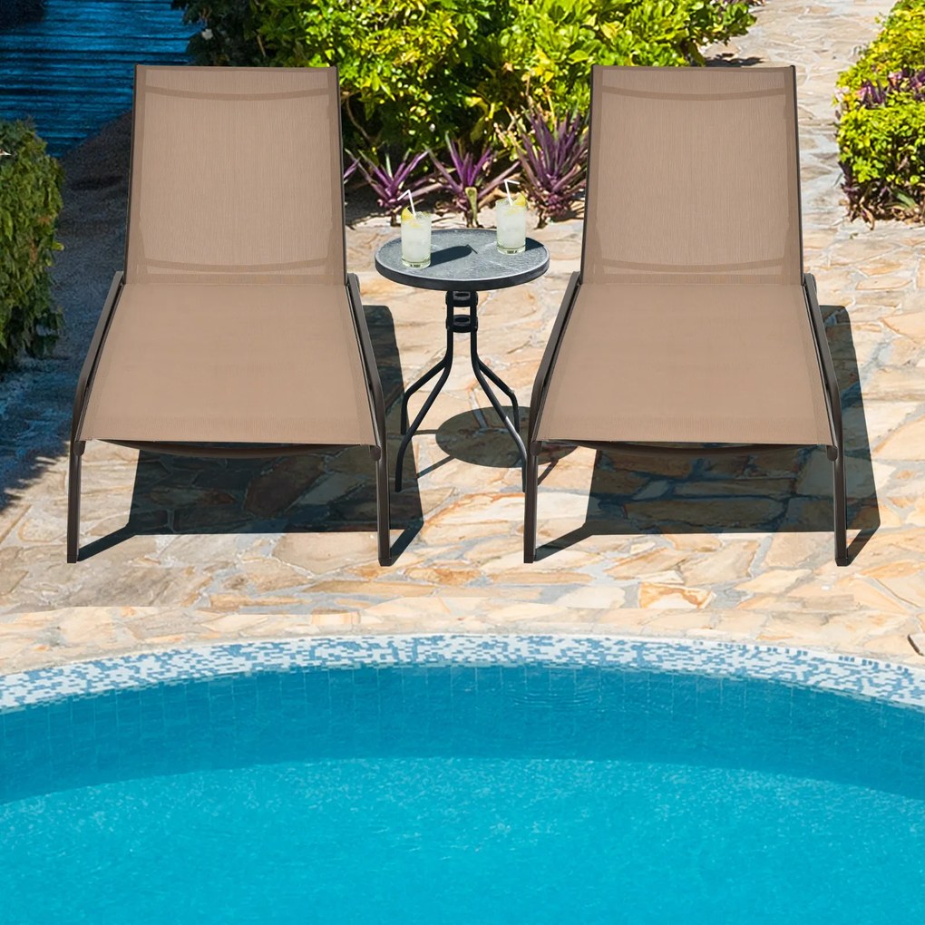 Conjunto de 2 espreguiçadeiras com rodas, tecido de secagem rápida e encosto reclinável em 6 posições, para exterior, piscina, pátio e jardim, castanh