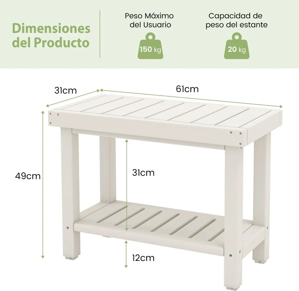 Banco de Casa de banho 61 x 31 x 49 cm  com prateleira de armazenamento Banco de duche impermeável Branco