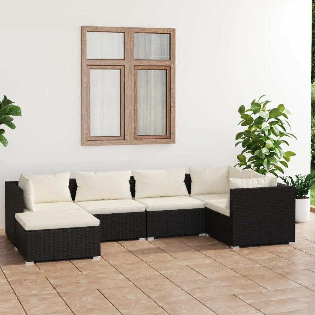 vidaXL 6 pcs conjunto lounge de jardim c/ almofadões vime PE preto