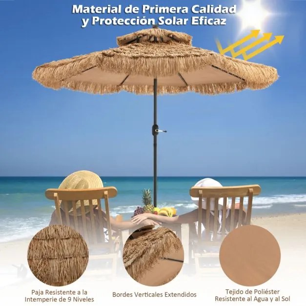 Guarda-sol de palha estilo havaiano de 2,7 m com 8 hastes Manivela manual Inclinação do guarda-sol exterior Piscina Pátio da praia Castanho claro