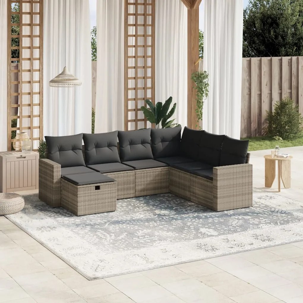 7 pcs conj. sofás jardim com almofadões vime PE cinzento-claro
