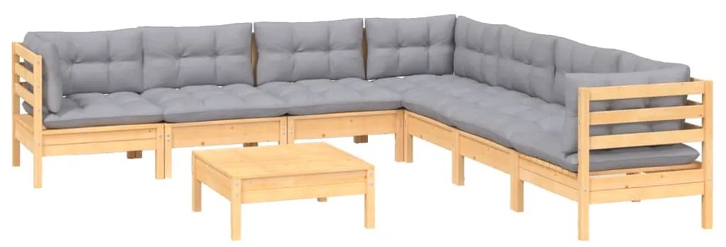 8 pcs conjunto lounge de jardim + almofadões cinza pinho maciço