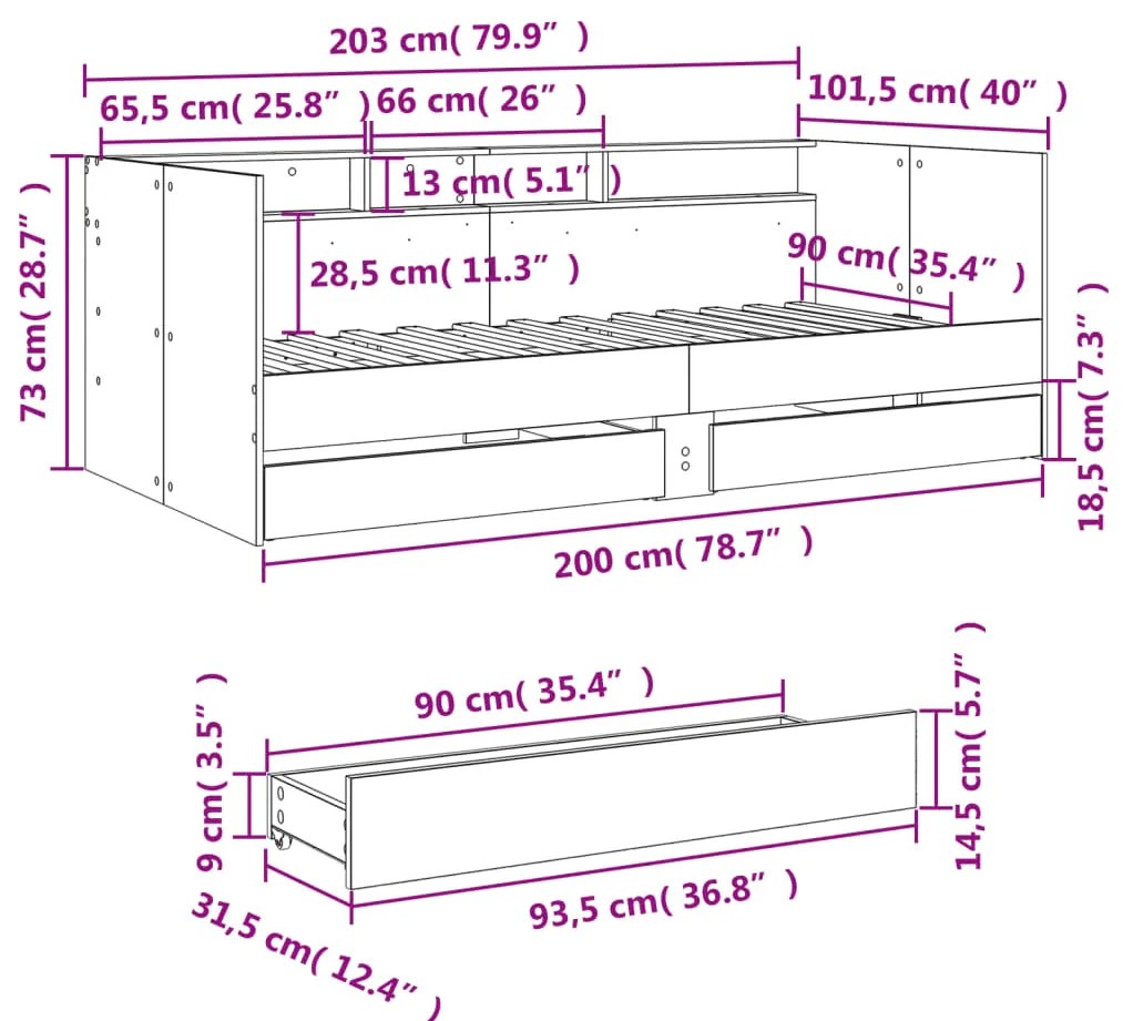 Sofá-cama com gavetas sem colchão 90x200 cm cinzento sonoma