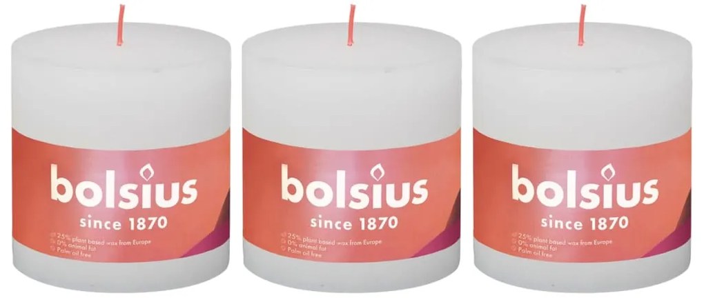 Bolsius Velas rústicas cilíndricas Shine 3pcs 100x100mm branco nublado