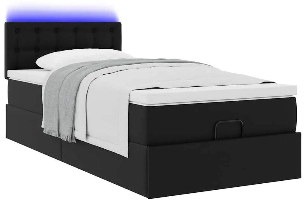 Estrutura de cama otomana com colchão preto couro falso
