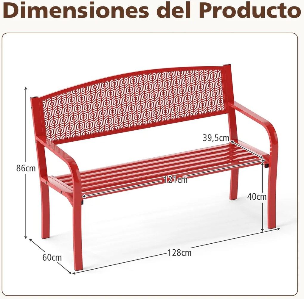 Banco jardim Metal de ripas de 128 cm para 2-3 pessoas com braços curvos e encosto clássico Vermelho