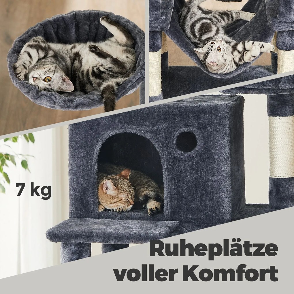 Arranhador para Gatos com 206 cm de altura, árvore para gatos, com 13 postes para arranhar cinzento fumado