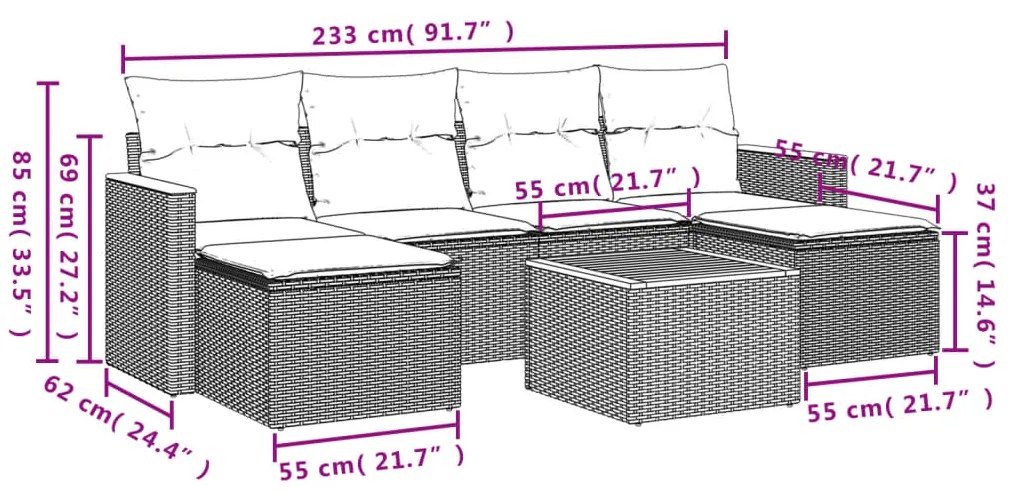 7 pcs conjunto de sofás p/ jardim c/ almofadões vime PE preto