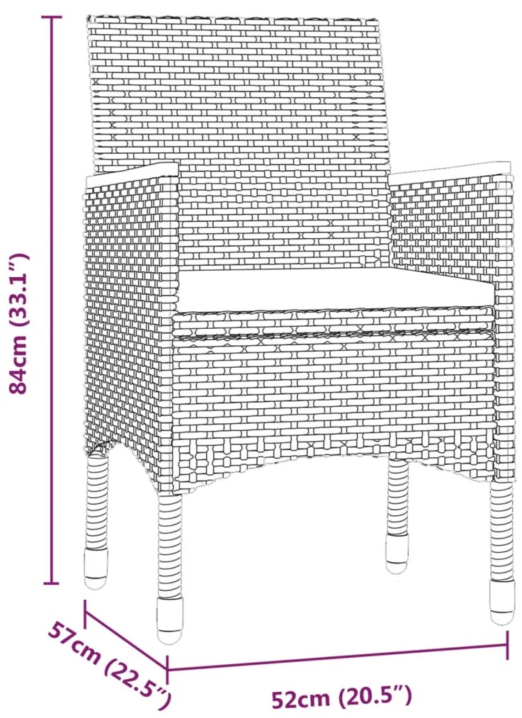 3 pcs conjunto de jantar para jardim com almofadões preto