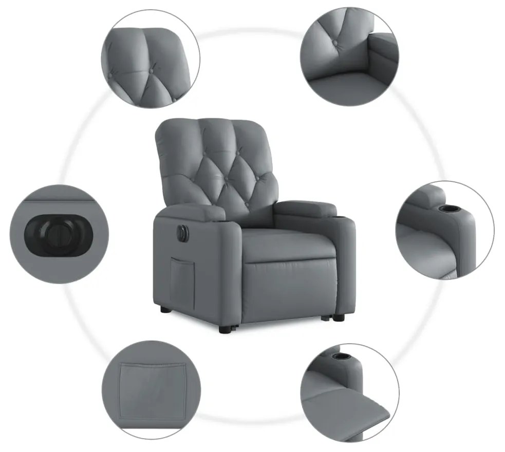 Poltrona reclinável elevatória elétrica couro artif. cinzento