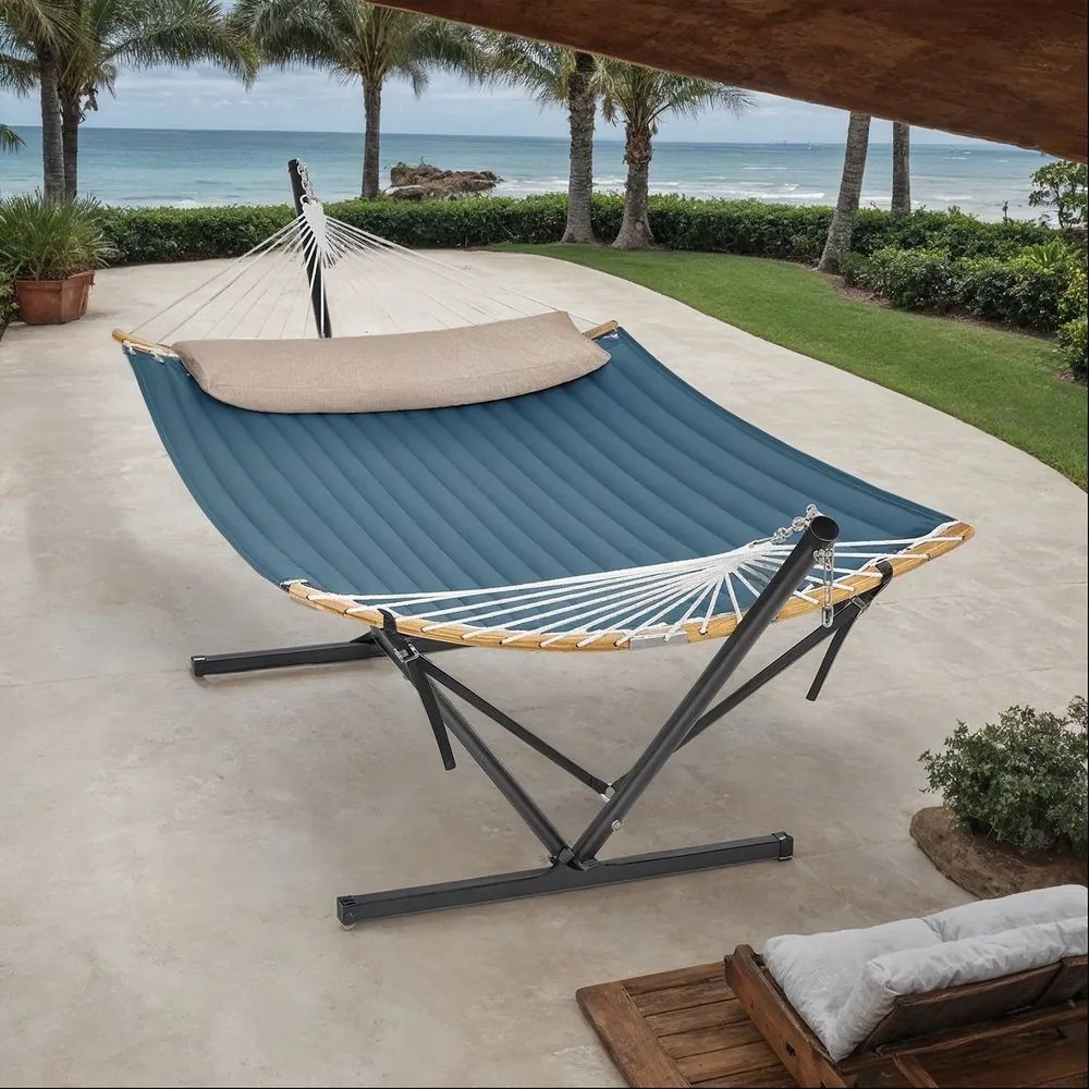 Cama Rede decanso Jardim com armação metálica para rede, capacidade de carga até 200 kg Azul