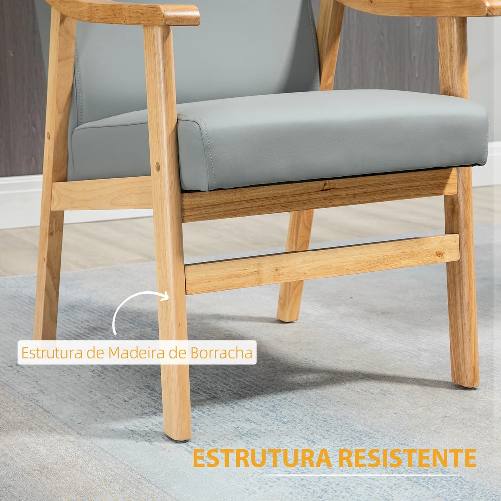 HOMCOM Poltrona de Estilo Nórdico com Encosto Alto Cadeira Sala de Jantar Estofada em PU com Apoio para os Braços e Estrutura de Madeira de Borracha para Escritório Sala de Estar Carga 150kg 62x75x115cm Cinza e Madeira