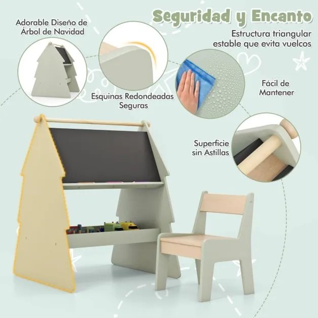 Conjunto de quadro negro de dupla face para crianças com banco com suporte para rolo de papel Estante verde