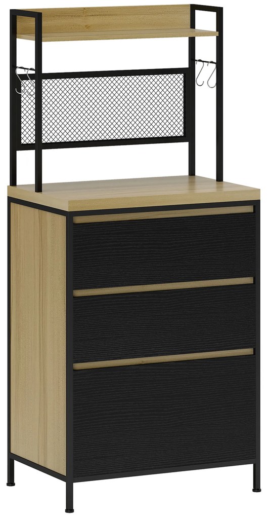 HOMCOM Armário de Cozinha Estilo Industrial com 3 Gavetas Plano de Trabalho Prateleira e 4 Ganchos 60x40x132 cm | Aosom Portugal