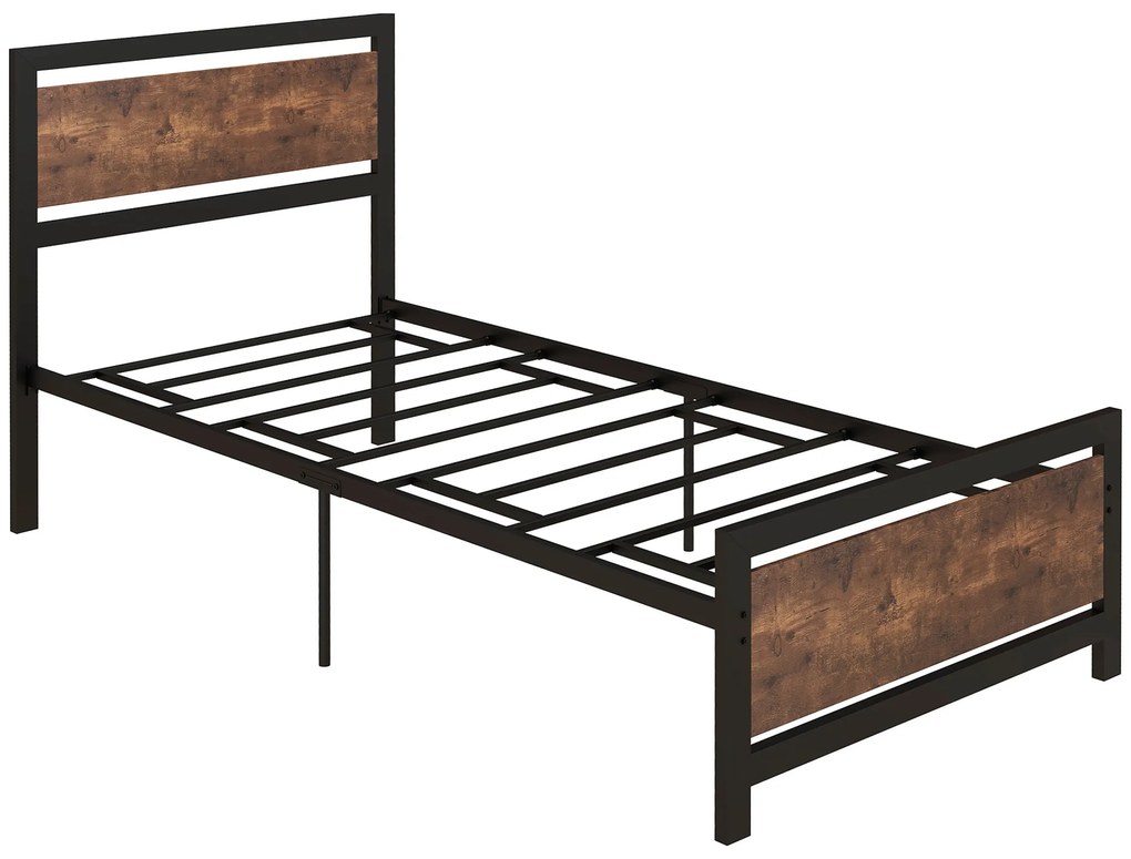 HOMCOM Estrutura de Cama Individual de Aço para Colchão 90x190 cm Carga Máxima 150 kg 97x195x103 cm Preto e Marrom Rústico | Aosom Portugal