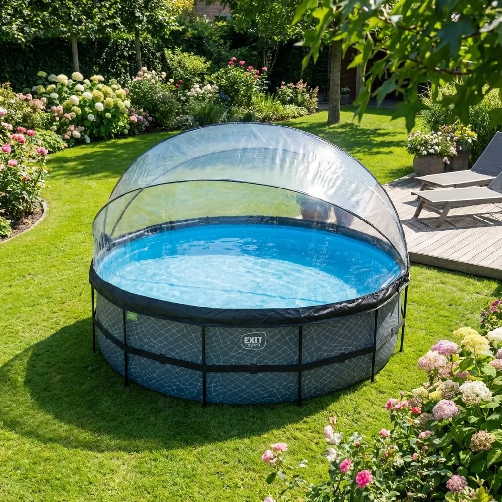 Piscina redonda Stone ø450x122cm com bomba de filtro de areia, cúpula e bomba de calor - cinza