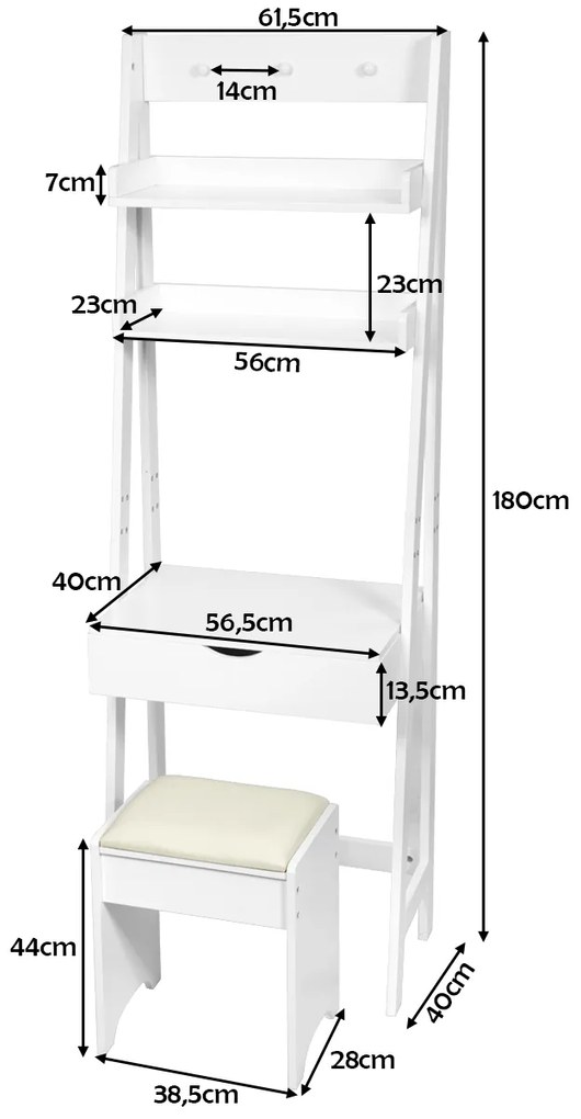 Toucador com espelho e Banco almofadado Mesa de maquilhagem para quarto 61,5 x 40 x 180 cm Branco