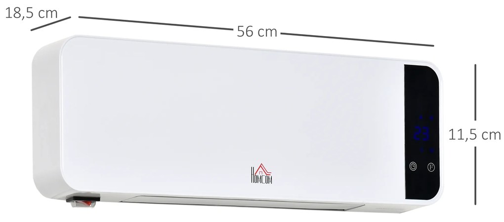 HOMCOM Aquecedor Cerâmico de Parede 1000/2000W com Controle Remoto Tela LED Termostato Temporizador e Proteção contra Superaquecimento para 25m² 56x18,5x11,5cm Branco