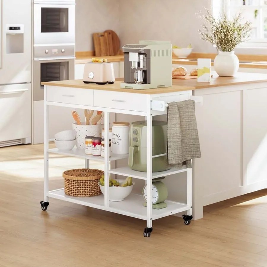 Carrinho de cozinha com rodas 45 x 98,7 x 90 cm, muito espaço de arrumação, gaveta, ganchos bege carvalho-branco mate