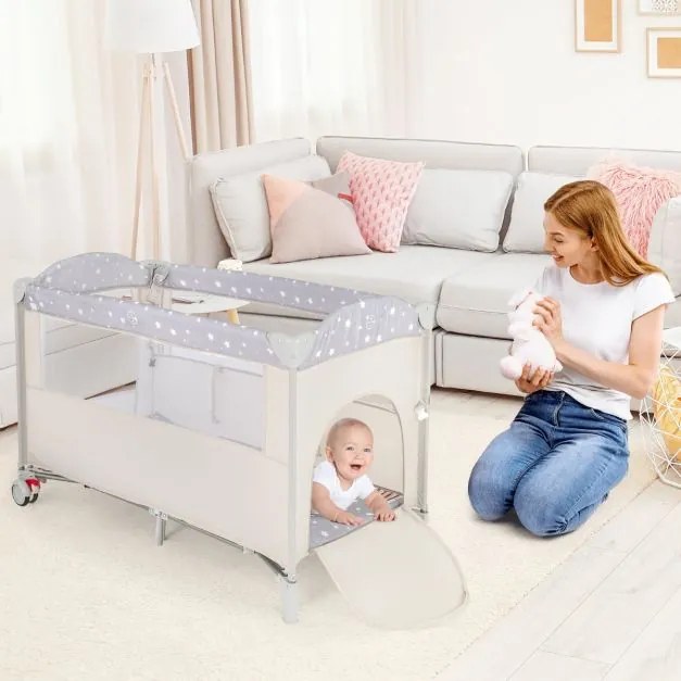 Berço para bebés dobrável 5 em 1 portátil com mesa para mudar fraldas Cadeira de brincar Berço para dormir Berço Moisés Colchão de berço Saco de viage